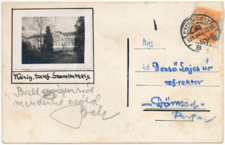 1935 Szombathely, Ballag már a vén diák...Kézzel rajzolt képeslap, hátoldalán fotó közigazgatási tanfolyam internátusáról
