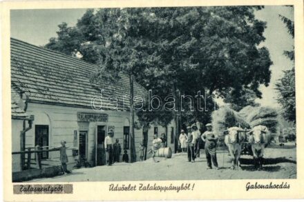Zalakoppány, Zalaszentgrót; utcakép gabonahordó ökrös szekerekkel, fogyasztási szövetkezet