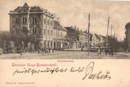 Nagybecskerek, Velky Beckerek, Zrenjanin; Hunyadi utca, fogorvos, Billitz János üzlete / street, dentist, shops