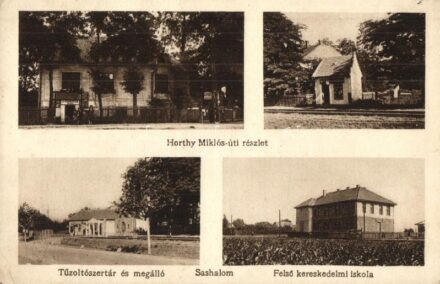 Budapest XVI. Sashalom, Horthy Miklós út, Felső kereskedelmi iskola, Tűzoltószer és vasútállomás, üzlet (fa)