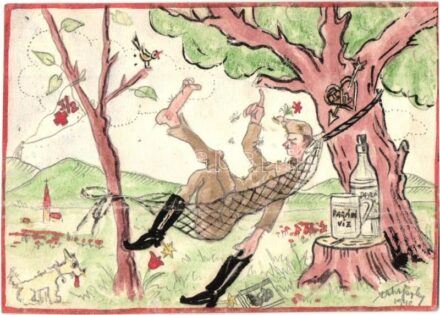 1940 Kézzel rajzolt humoros második világháborús katonai művészlap / WWII Hungarian hand-drawn humorous military art postcard, artist signed (fa)