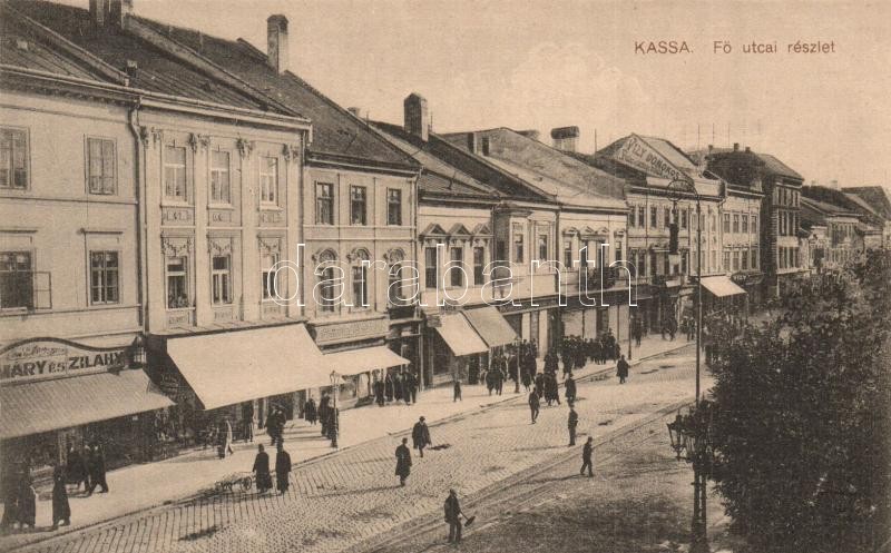 Kassa, Kosice; Fő utca, Grünwald Testvérek, Vizy Domokos üzletei. Nyulászi Béla kiadása / main square, shops