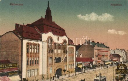 Debrecen, Megyeháza, Schweitzer Testvérek üzlete, Apolló mozgó (mozi), villamos (EK)