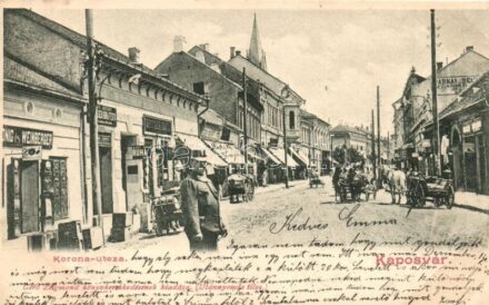 Kaposvár, Korona utca, Weinberger, Spitzer Emil, Fekete Lajos üzletei, szekerek, csendőr. Gerő Zsigmond kiadása (Rb)