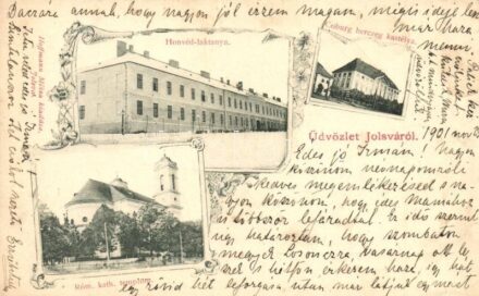 1901 Jolsva, Jelsava; Honvéd laktanya télen, Coburg herceg kastélya, Római katolikus templom. Hoffmann Miksa kiadása / military barracks in winter, castle, church. floral Art Nouveau