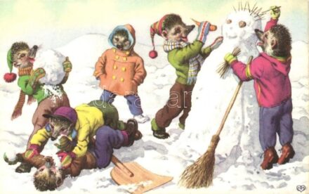 Snowman built by hedgehogs in winter, playing in the snow. Colorprint B. Spécial 2271/6.