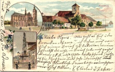 Kassa, Kosice; dóm, Szentháromság szobor, utcakép / cathedral, monument, street view. Art Nouveau, floral, litho (EK)