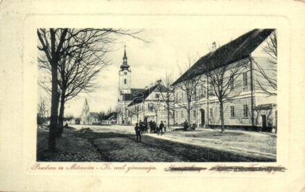 Szávaszentdemeter, Mitrovitz an der Save, Sremska Mitrovica; gimnázium, utca, templom. W.L. Bp. 885. / grammar school, church, street (EK)