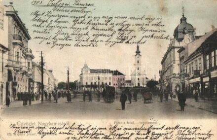 Nagykanizsa, Fő tér, Felső templom, üzletek. Ifj. Wajdits József kiadása (fa)
