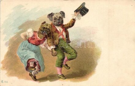 Dancing dog couple in folk costume. litho
