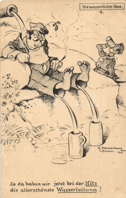 Die wasserdichte Hose / The Waterproof Pants. WWI German military humour s: K. Pommerhanz. 1916. (ázott / wet damage)