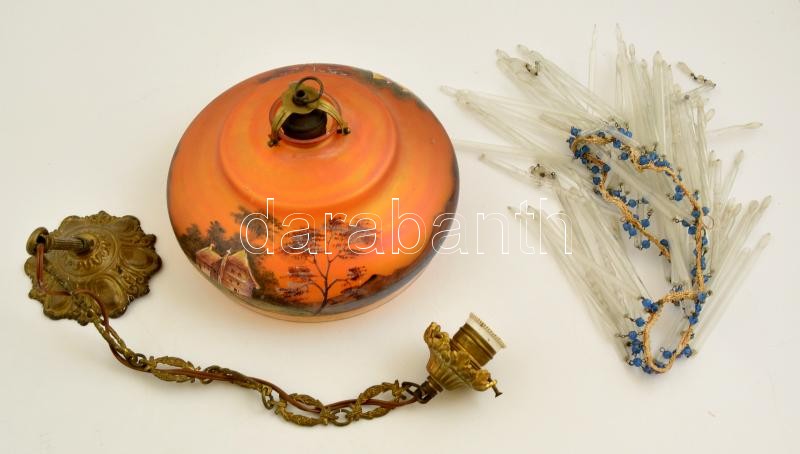 XX. sz, eleje: Kézzel festett üveg csillár dombornyomott díszítéssel, rászerelhető lógó üveg díszekkel, hozzá tartalék foglalat.