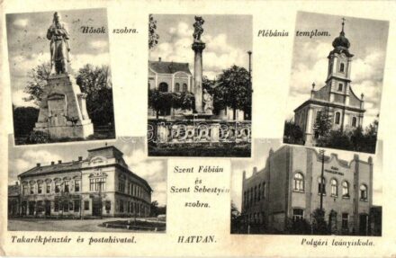 Hatvan, Hősök szobra, Polgári leányiskola, takarékpénztár, postahivatal (EK)