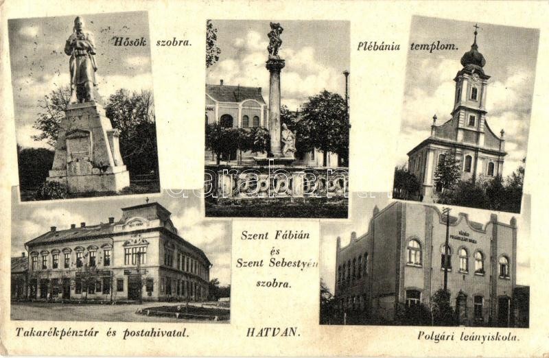 Hatvan, Hősök szobra, Polgári leányiskola, takarékpénztár, postahivatal (EK)