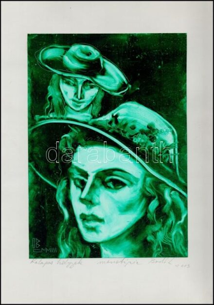 Bodó Levente (1949-): Kalapos hölgyek. Monotípia, papír, jelzett, 29,5x21 cm