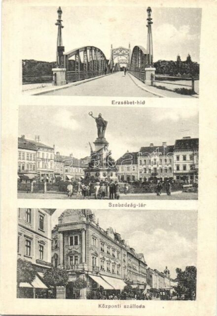 Arad, Erzsébet híd, Szabadság tér, Központi szálloda, szobor, Bloch H. nyomdája, Herbstein Mór, Weigl Adolf és fia és Schwarz testvérek üzlete / bridge, hotel, square, monument, shops (fl)