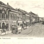 Miskolc, Széchenyi utca, Langer Sámuel üzlete, villamos
