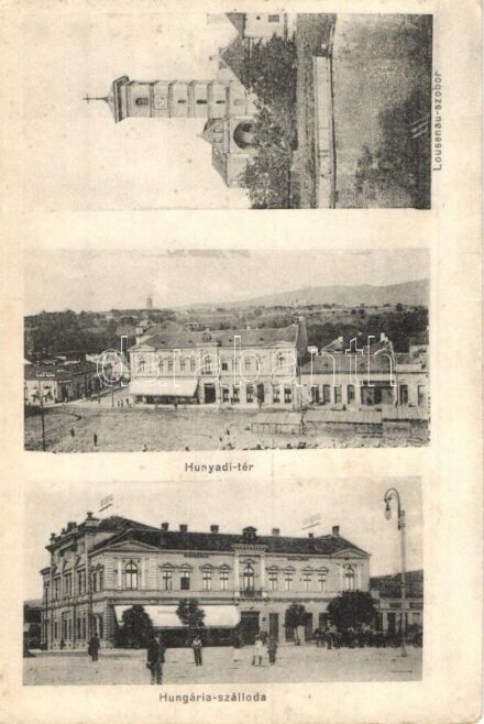 Gyulafehérvár, Karlsburg, Alba Iulia; Hungária szálloda, Takarékpénztár, kávéház, Hunyadi tér, üzletek, Lousenau szobor / hotel, savings bank, café, square, shops, statue (EK)
