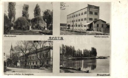 Apatin, motormalom, park, strandfürdő, polgári iskola és templom / motor mill, park, beach, school ad church