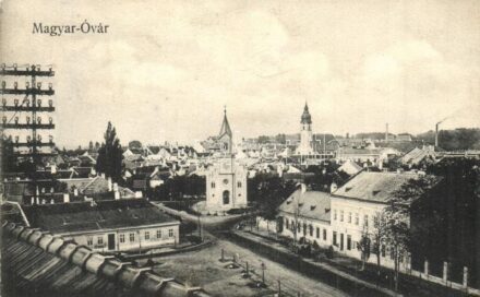 Magyaróvár, Mosonmagyaróvár; látkép utcával és templomokkal. Pingitzer Ignác kiadása