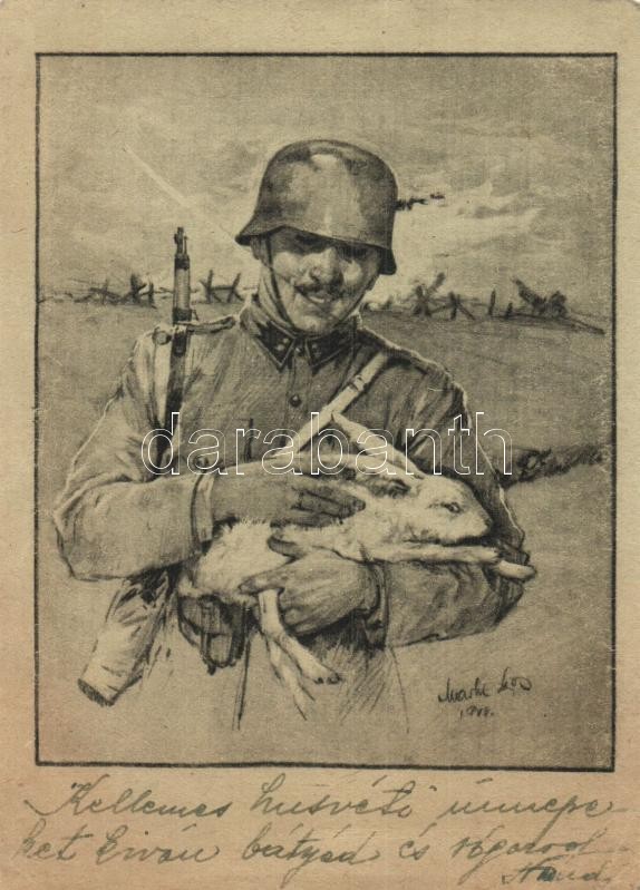 1944 Húsvéti üdvözlet. Kiadja a M. Kir. Honvéd Haditudósító Osztály Parancsnoksága. Tábori Postai Levelezőlap / WWII Hungarian military field post, Easter greeting. s: Markó Lajos (EK)