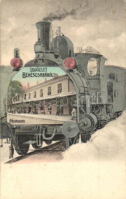 1909 Békéscsaba, vasútállomás. Gőzmozdonyos montázslap / Bahnhof / railway statiton. Locomotive montage