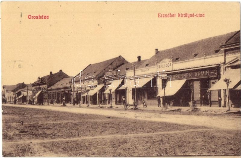 1912 Orosháza, Erzsébet királyné utca, Brünner Ármin üzlete, Központi szálloda és kávéház, bútorraktár. Pless N. kiadása W.L. (?) 307.