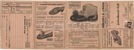 Müller L. K. és Társa szövetkezeti cipő üzletének 8 oldalas kihajtható reklámlapja, termékismertetővel és árakkal. Budapest VII. Rákóczi út 13. / Hungarian cooperative shoe store's foldable advertisement card with product infos and