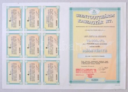 1993. 'Szentgotthárdi Kaszagyár' névre szóló részvénye 10.000Ft-ról (500x) sorszámkövetők, szelvényekkel T:I,I-