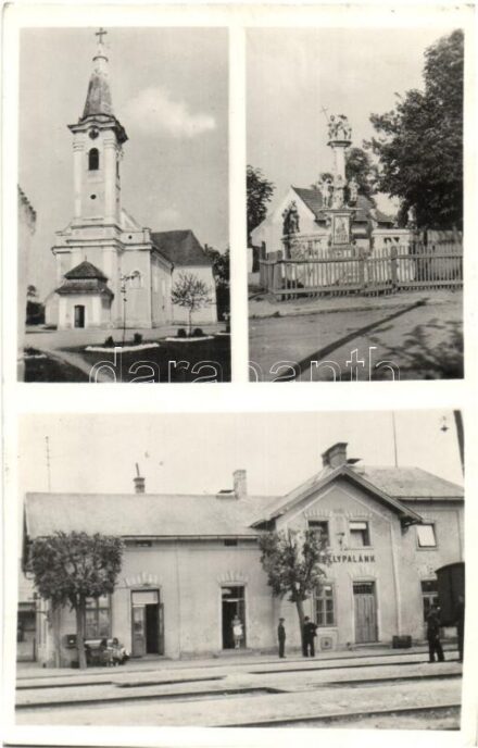 1940 Drégelypalánk, templom, Szentháromság szobor, vasútállomás + 'LOSONC-VÁC' vasúti mozgóposta