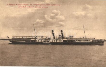 A Magyar Királyi Folyam- és Tengerhajózási Részvénytársaság (MFTR) Erzsébet királyné termes gőzöse; MFTR reklám a hátoldalon / Hungarian steamship, SS Queen Elisabeth