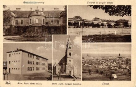 Mór, Lamberg kastély, Takarékpénztár, polgári iskola, Római katolikus iskola és templom, látkép. Özv. Barasits Jánosné kiadása pecsét