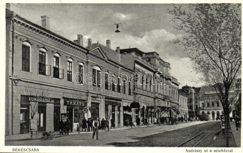 Békéscsaba, Andrássy út, Színház, Cukrászda, Takáts, Árvay üzlete, Községi felső kereskedelmi iskola, városi vasút, villamos (EK)