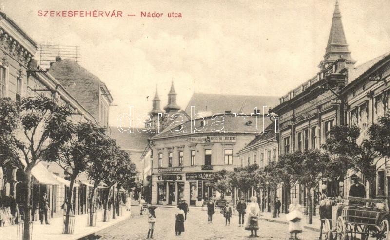 1912 Székesfehérvár, Nádor utca, Első Magyar Általános Biztosító Társaság, Orvosi Kötszer raktár, Klökner Péter könyv, zenemű és papírkereskedése, Kubik János üzlete (EK)
