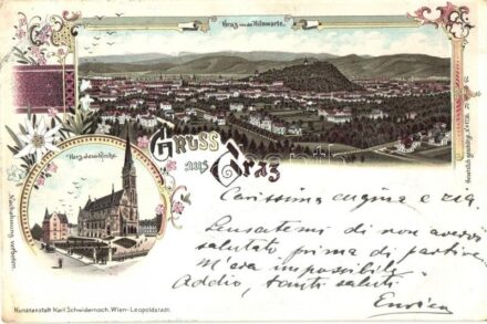 1897 (Vorläufer!) Graz, von der Hilmwarte, Herz desu-Kirche / church. Kunstanstalt Karl Schwidernoch Art Nouveau, floral, litho