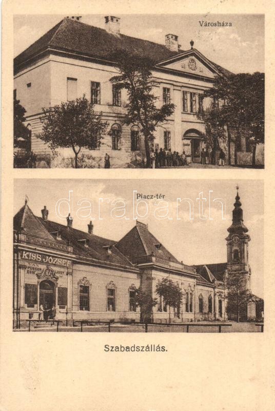 Szabadszállás, Városháza, Piac tér, Református templom, Kiss József üzlete és saját kiadása