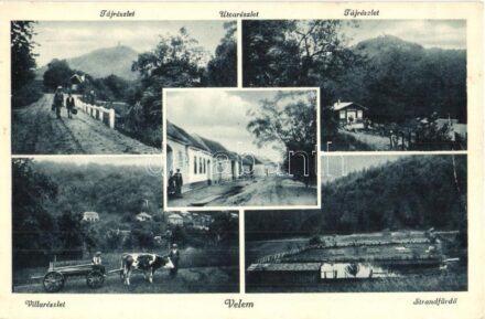 Velem, Tájrészlet, utcakép, villa, Szent Vid kápolna, strand (gyűrődés / crease)