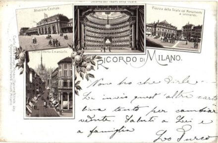 Milano, Milan; Stazione Centrale, Interno del teatro della Scala, Piaza della Scala col Monumento a Leonardo, Corso Vittorio Emanuele / central railway station, theater interior, square, Leonardo da Vinci statue, street view, horse-drawn tram.