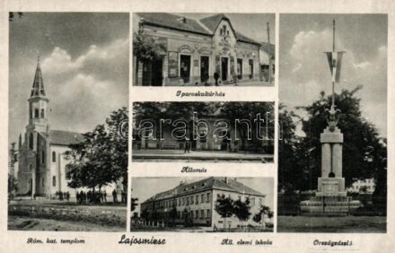 Lajosmizse, Iparoskultúrház, Országzászló, vasútállomás, állami elemi iskola, Római katolikus templom