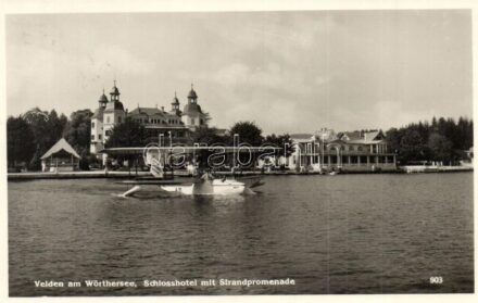 Velden am Wörthersee, Schlosshotel mit Strandpromenade / castle hotel with promenade, seaplane A-51 'Nelly'. Wir fliegen Adamol Motoroil