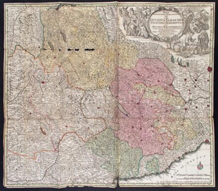 1730 Matthäus Seutter: Regiae Celsitudinis Sabaudicae Status in quo Ducatus Sabaudiae Principat Pedemontium....Augsburg, 1730. Kézzel színezett rézmetszet. 56x50 cm Kis hiánnyal, szakadással / Map of Piemont and Italian areas. Hand colored