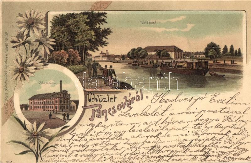 1899 Pancsova, Pancevo; Temespart, Gőzmalom. Kohn Samu kiadása / river bank, steam mill. Floral, Art Nouveau, litho