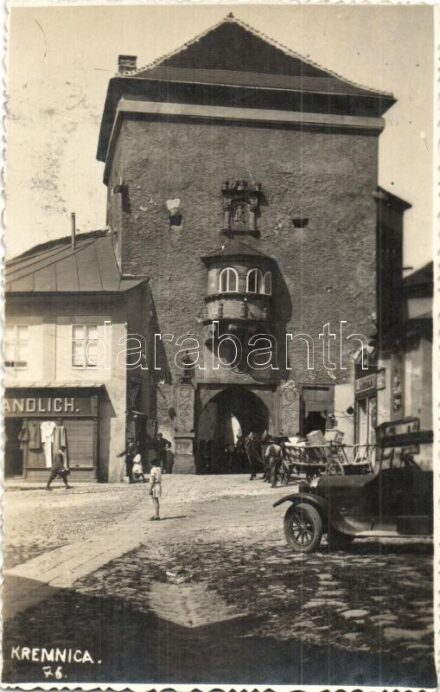 Körmöcbánya, Kremnitz, Kremnica; Kapu, L. Sobocky üzlete / gate, street view with shops and automobile. photo (ragasztónyom / gluemark)
