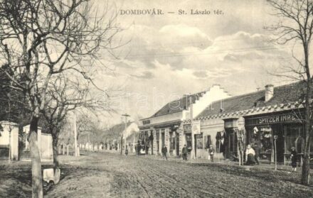 1912 Dombóvár, Szent László tér, Pataki Géza és Spitzer Imre üzlete + 'ÚJDOMBÓVÁR PÁLYAUDVAR' pecsét
