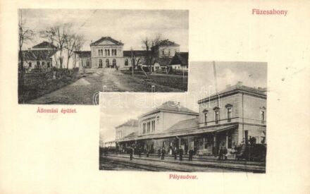 1908 Füzesabony, Vasútállomás az utca és a vágányok felől. Özv. Molnár Ödönné kiadása