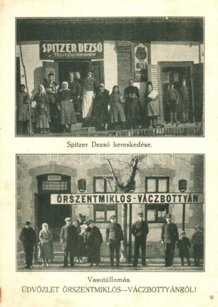 Őrszentmiklós-Vácbottyán (Őrbottyán), vasútállomás várakozó utasokkal, Spitzer Dezső fűszer és liszt kereskedése. Károlyi Ármin felvétele + VÁC-RÁKOSPALOTA-ÚJPEST 190. mozgóposta (EK)