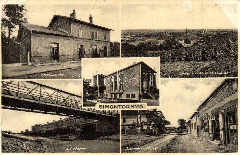 1941 Simontornya, vasútállomás, Sió részlet híddal, Bőrgyári Kultúrház, Szentháromság tér, Fried Imre villája, szőlészet, szálloda és étterem, Rothauser Endre üzlete és Rothauser Lajos kiadása (EK)