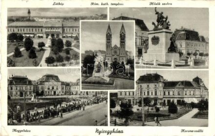 Nyíregyháza, Látkép, Hősök szobra, megyeháza, Korona szálló (EK)