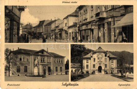Salgótarján, Fő utca, postahivatal, egészségház, Szauer patika, gyógyszertár, Szántó Kálmán bádogos, bútoráru üzlet