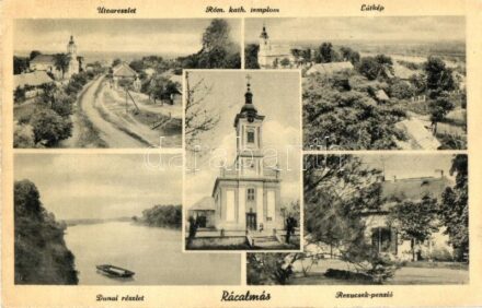 Rácalmás, utcakép, Római katolikus templom, Dunai részlet, Rezucsek penzió (EK)
